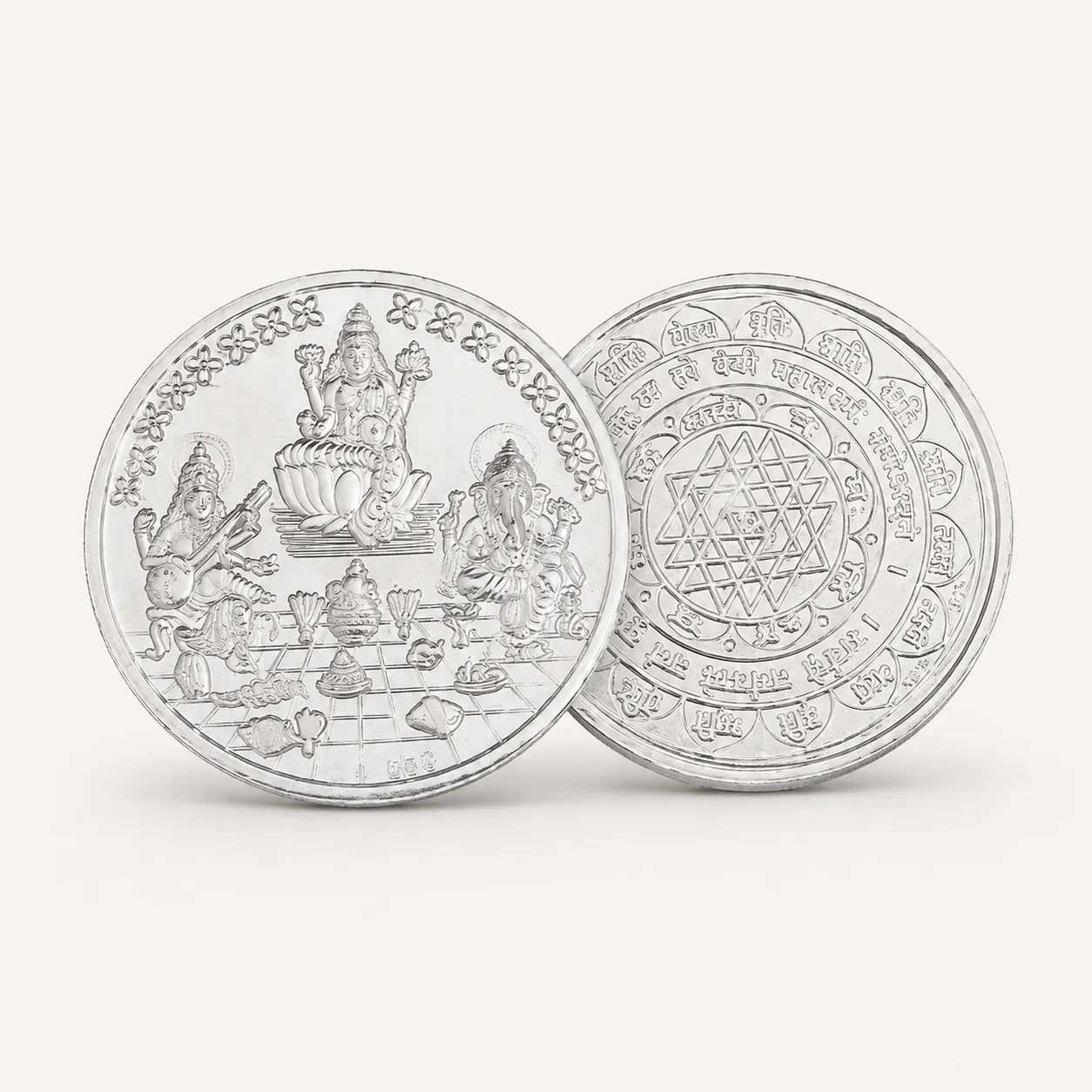 Silver Hindu Deity and Yantra Medallions - Front - Sakhi Jewellers 10gm Silver Coin | Laxmi, Ganesha and Saraswati with Shree Yantra | Fine 999 Silver - Image 1