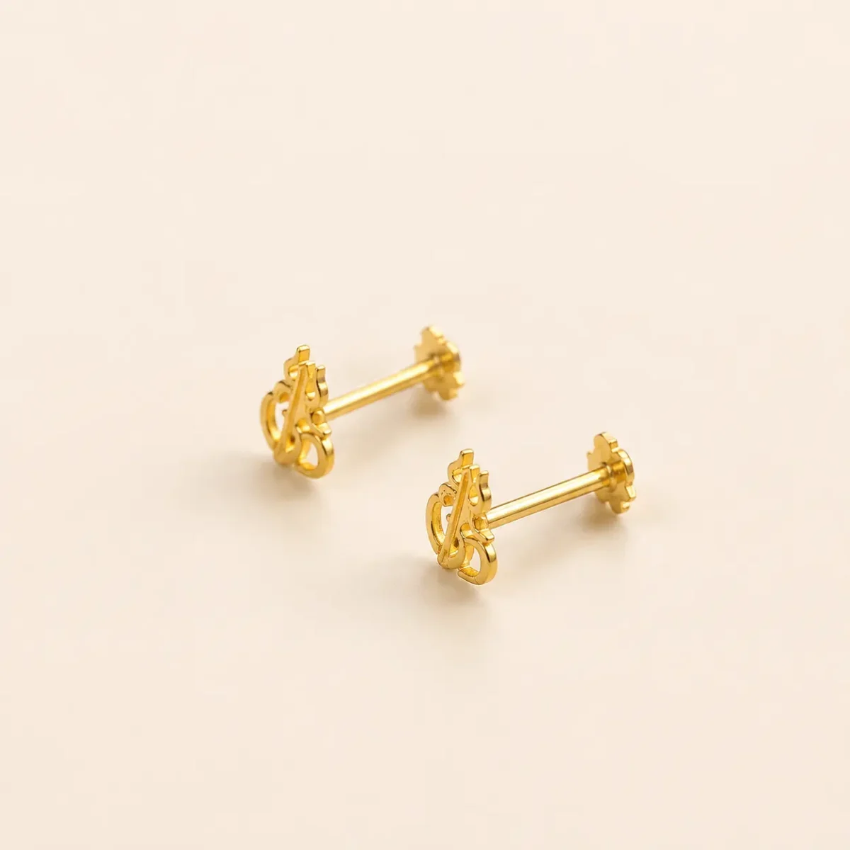 22K Gold 'Om' and Trishul Symbol Stud Earrings - Image 3