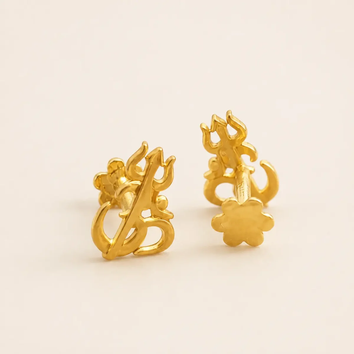 22K Gold 'Om' and Trishul Symbol Stud Earrings - Image 2