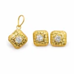 Square Textured Pendant Set with Center Stone – 9KT Gold Ultra Lightweight Design