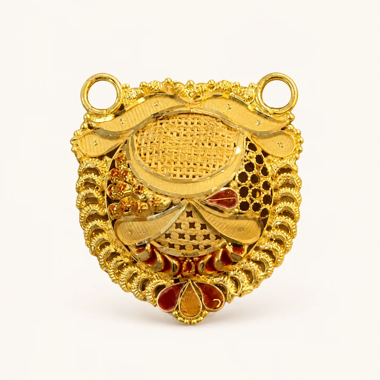 Gold Filigree Pendant with Red Accents - Front view Gold Filigree Pendant with Red Accents - MS Pendant - Image 1