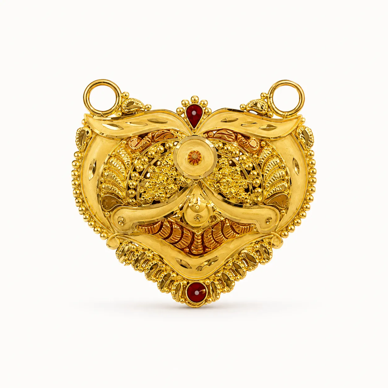 Ornate Gold Heart Pendant with Red Accents - MS Pendant - Sakhi Jewellers Ornate Gold Heart Pendant with Red Accents - Mangalsutra Pendant - Image 1